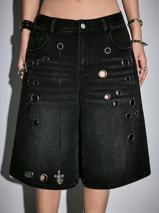 Pants - KLPPGE Black Bermuda Jeans with Eyelet Details